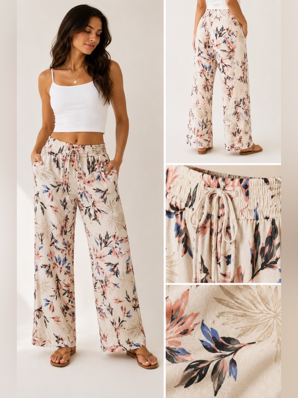 Briggs New York Linen Blend Tropical Floral Wide Leg Palazzo Pants Resort M
